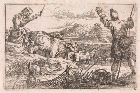 Fishing in river, print maker: Jan Baptist de Wael