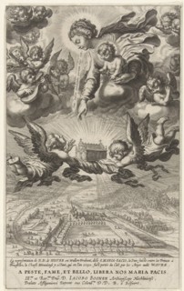 Mary with Child and angels with reliquary in sky above the church of Notre-Dame in Wavre, BoÃ«tius