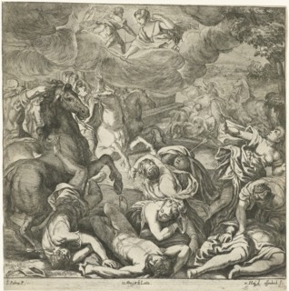 Apollo and Diana kill the children of Niobe, print maker: Jan van Ossenbeeck, Nikolaas van Hoy,