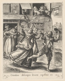 The prodigal son chased by the whores, Crispijn van de Passe (I), 1580 - 1588