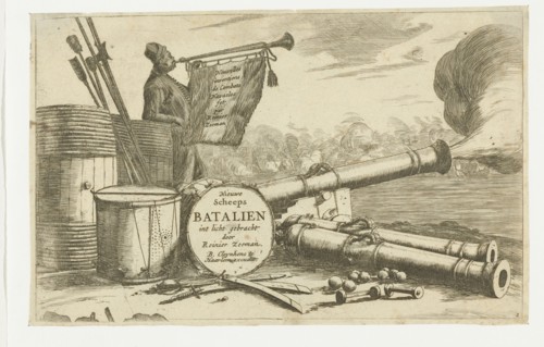 Title page with the equipment of a warship and a trumpet player, Reinier Nooms, 1652 - 1656