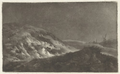 Dune landscape with a church tower in the background and a mill, print maker: Arnout Rentinck, 1722