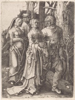 Two couples in the woods, print maker: attributed to Johannes Wierix, Lucas van Leyden, 1559 -