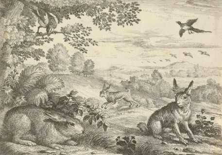 Three rabbits in a landscape, Jan Griffier (I), Pierce Tempest, 1680 - 1694