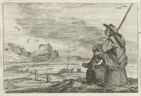 Dune landscape with a man sitting on two baskets, Gillis van Scheyndel (I), Jan Porcellis, 1645
