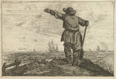 Dune landscape with a waving man leaning on a shovel, Gillis van Scheyndel (I), Jan Porcellis, 1645