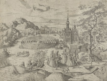 Landscape with company getting into a boat, Remigius Hogenberg, 1546-1588