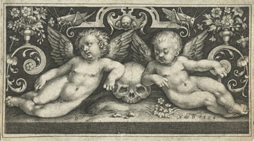 Two fighting children, riding on goats, flanked by children who blow the trumpet, Nicolaes de