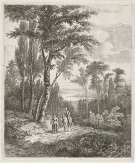 Horseman and woman on a forest path, Hermanus Jan Hendrik van Rijkelijkhuysen, 1823 - 1883