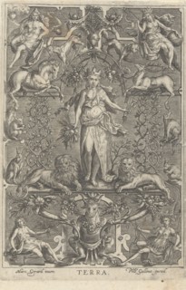 The Earth, in frame of grotesques, Anonymous, Marcus Geraerts, Philips Galle, 1547 - 1612