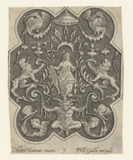 Helmeted woman with shield and spear, Philips Galle, Marcus Geeraerts, 1547 - 1612