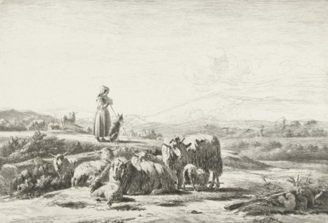 Landscape with shepherd and dog with flock of sheep, Simon van den Berg, 1822-1899