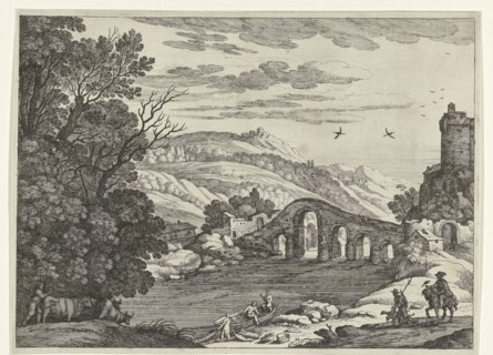 A hilly landscape is crossed by a river, over the river a stone bridge with five arches, on the