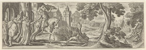 The prodigal son says goodbye to his parents, Julius Goltzius, Hans Bol, Claes Jansz. Visscher