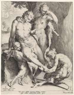 Oreaden removing a thorn from the foot of a satyr, print maker: Jan Harmensz. Muller, Bartholomeus