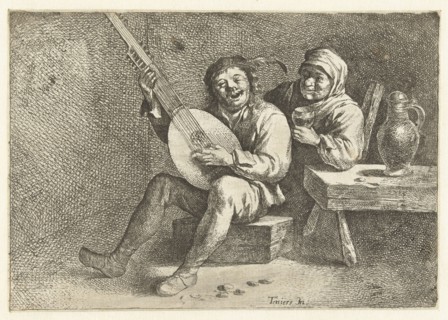 Lute Player and old woman, David Teniers II possibly, print maker: Cornelis Pietersz. Bega, 1642 -