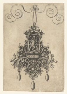 Hanger with armored seated deity, print maker: Anonymous, Hans Collaert I, Philips Galle, 1581