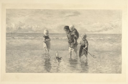 Four children playing with toy boat on the beach in shallow seawater, Carel Lodewijk Dake, A.
