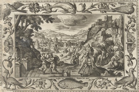 Rebecca and Eliezer at the Well, print maker: Adriaen Collaert, Hans Bol, Eduwart van Hoeswinckel,