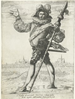 Army captain with lance before a besieged city, Bartholomew Willemsz. Dolendo, 1590