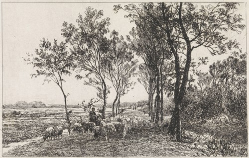 Landscape with Shepherd and flock of sheep, Julius Jacobus van de Sande Bakhuyzen, 1845 - 1925