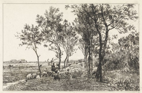 Landscape with Shepherd and flock of sheep, print maker: Julius Jacobus van de Sande Bakhuyzen