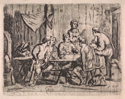 Six farmers and innkeeper in inn, print maker: Cornelis de Wael, 1630 - 1648