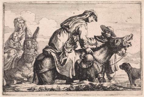 Woman gets on a donkey, Jan Baptist de Wael, 1642 - 1669