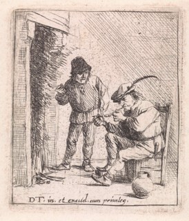 Two farmers in the fireplace, David Teniers (II), Anonymous, 1626 - 1690
