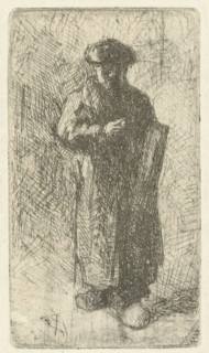 Artist on clogs with art folder under his arm, print maker: Bernardus Johannes Blommers, 1855 -