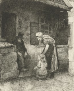 Woman with small child is sitting at home working for old man, Bernardus Johannes Blommers, 1855 -