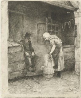 Woman with small child is sitting at home working for old man, Bernardus Johannes Blommers, 1855 -