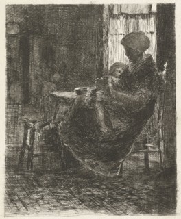 Woman with a sleeping child on her lap asleep near a window, Bernardus Johannes Blommers, 1855-1914
