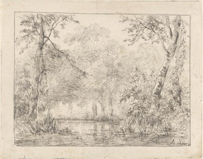 Forest scene with pond, Andreas Schelfhout, 1852