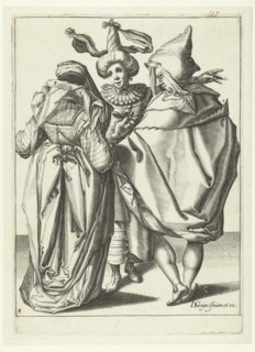 A woman dressed festively, a man in a cape and a masked man who extends his left arm, print maker: