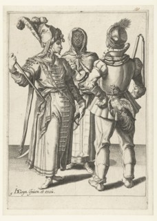 A veiled woman and two masked men, one with a cock on his belt, Jacob de Gheyn (II), 1595 - 1596