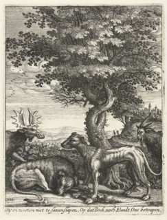 Landscape with a goat, moose and two dogs, Hendrick Hondius (I), 1644