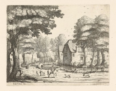 Village street with stone bridge, Jan van Goyen, Reinier & Josua Ottens, 1640 - 1679