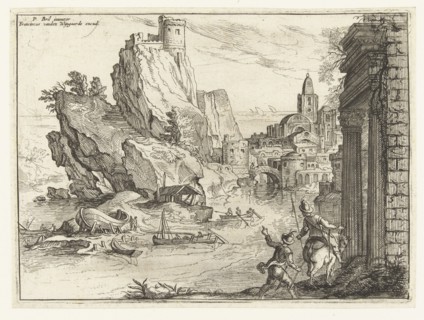Rocky coast of Campania city and travelers Italy, Paul Bril, Frans van den Wijngaerde, print maker: