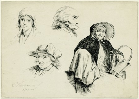 Study Journal. Top left of a woman's head and face. Right a seated woman with a bucket. Kneepad.