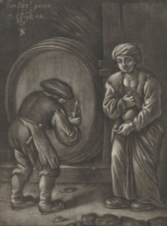 Two figures and a wine barrel, Jan van Somer, Jo. Lloyd, 1655 - 1700