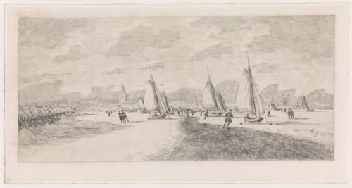 Frozen river with skaters and ice sailing, Elias Stark, 1859 - 1891
