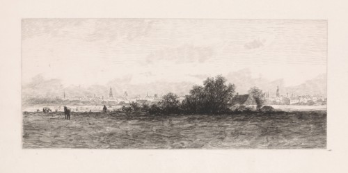 Cityscape with meadows in the foreground, Elias Stark, 1859 - 1891