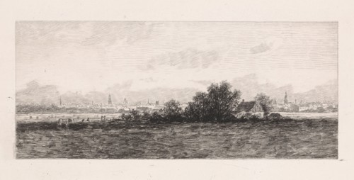 Cityscape with meadows in the foreground, Elias Stark, 1859-1891