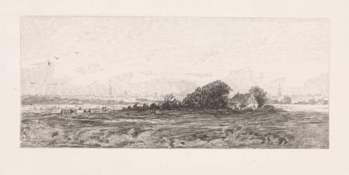 Cityscape with meadows in the foreground, Elias Stark, 1859 - 1891