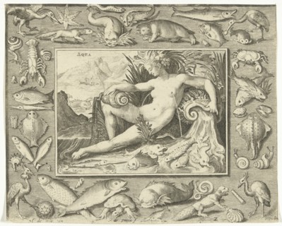 The element water personified by a women at a well containing fishes. Nicolaes de Bruyn, 1581 -