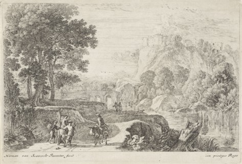 Travellers on a donkey, print maker: Herman van Swanevelt, 1650 - 1705
