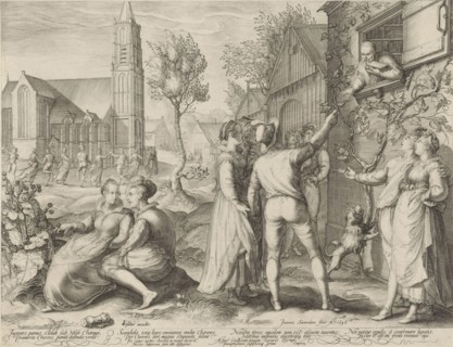 Young couples having fun and ignore the warnings of a scholar, Jan Saenredam, 1596