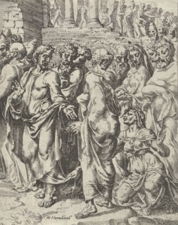 Healing of a woman suffering from hemorrhages, attributed to Dirck Volckertsz Coornhert, 1548