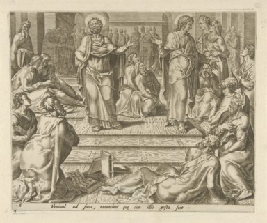 Peter and Johannes among their students, Philips Galle, Hieronymus Cock, 1558